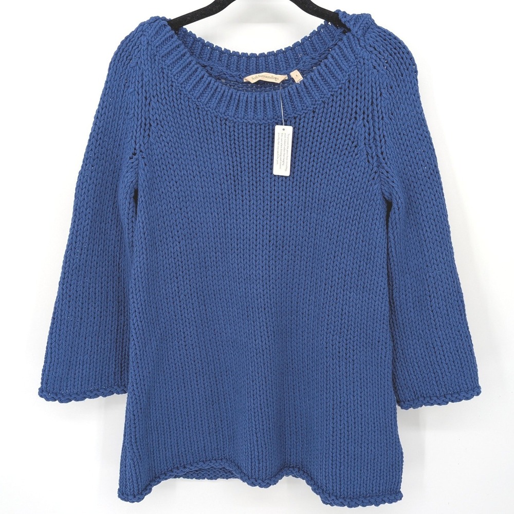 Soft Surroundings Sweater Womens Small Blue Chunky Knit 3/4 Sleeve Cotton Blend